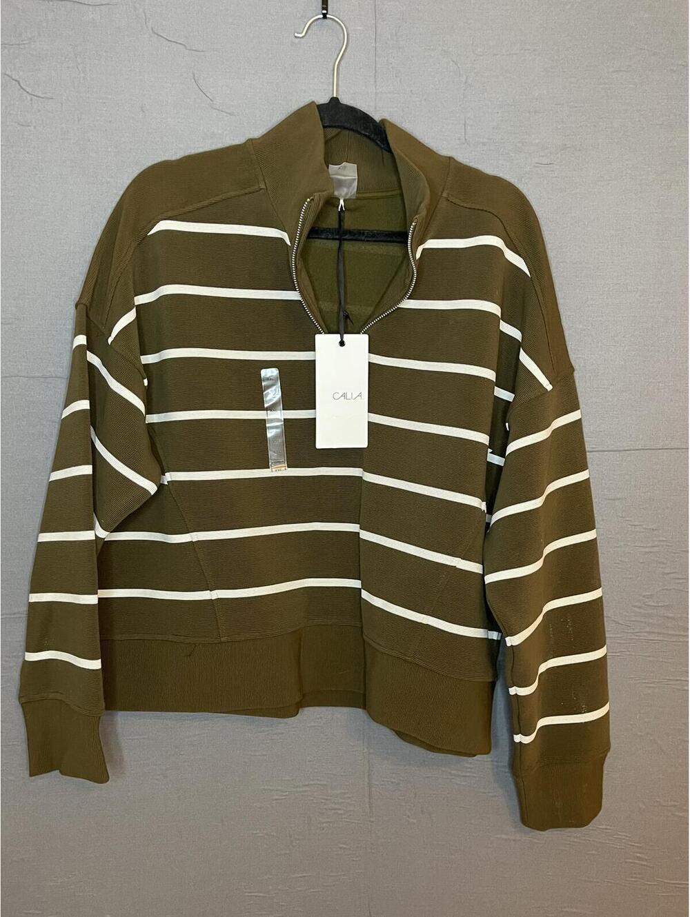 CALIA Women's XXL Striped 1/4 Zip Pullover Olive Green Mock Neck Sweatshirt